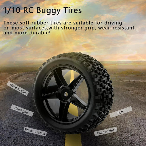 4pcs RC Buggy Tires 12mm Hex Wheels and Tires for 1/10 Scale Buggy RC Off Road Vehicle Tyres with Locking Nuts Washers and Wrench Spare Parts Repl...