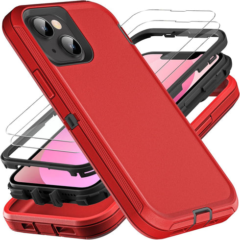 for iphone 13 Mini Case, Military Grade 3 in 1 Heavy Duty Shockproof/Drop Proof/Dust Proof Case with 2Pcs Tempered Glass Screen Protector (Red/Bla...