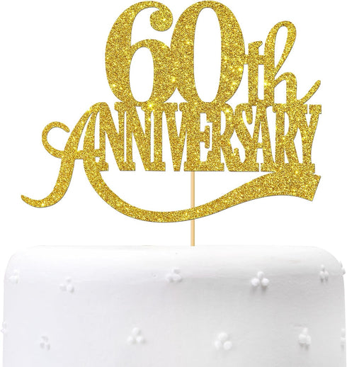 Gold Glitter 60th Anniversary Cake Topper - for Happy 60th Wedding Anniversary / 60th Birthday Party/Cheers to 60 Years Party Decorations...