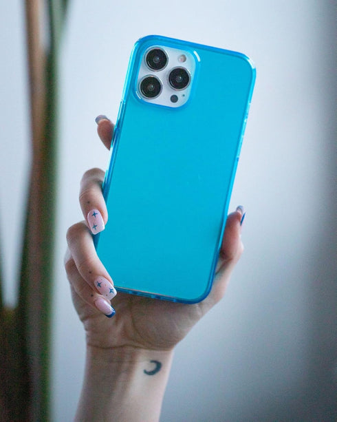 FELONY CASE - iPhone 13 Pro Max Neon Blue Clear Protective Case, TPU and Polycarbonate Shock-Absorbing Bright Cover - Crack Proof with a Gloss Fin...