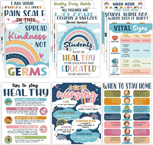 15Pcs School Nurse Bulletin Board Decorations Boho Health Posters for School Office Supplies Health Posters Bulletin Board Decor for Classroom Sch...