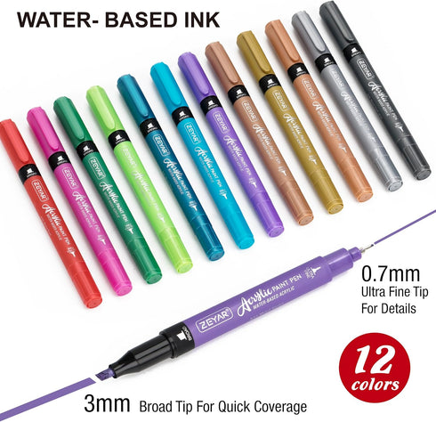 ZEYAR Acrylic Paint Pen, Needle Extra Fine and Chisel Point, 12 Metallic Colors, Waterproof Ink, Works on Rock, Wood, Glass, Metal, Ceramic and Mo...