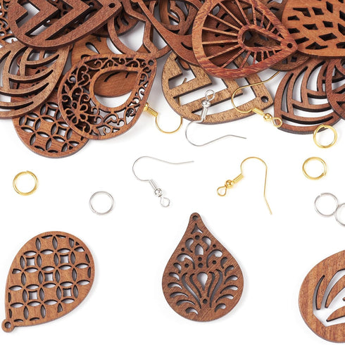 Cheriswelry DIY Jewelry Earring Making Kit Wood Drop Dangle Earring for Jewelry Making with 20pc Teardrop Walnut Wood Laser Cut Pendants & 40pcs B...