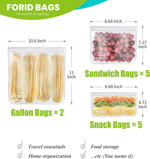 FORID Reusable Storage Bags, 12 Pack Extra Thick Freezer bags (2 Reusable Gallon Bags, 5 Reusable Sandwich Bags, 5 Reusable Snack Bags) FDA Grade ...