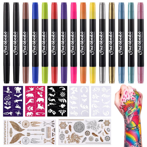 Temporary Tattoo Markers for Skin,15PCS Dual-Ended Tattoo Pen + 50 Paint Stencils + 43 Tattoos Stickers,Glitter & Matte & Neon Glow Body Marker Se...