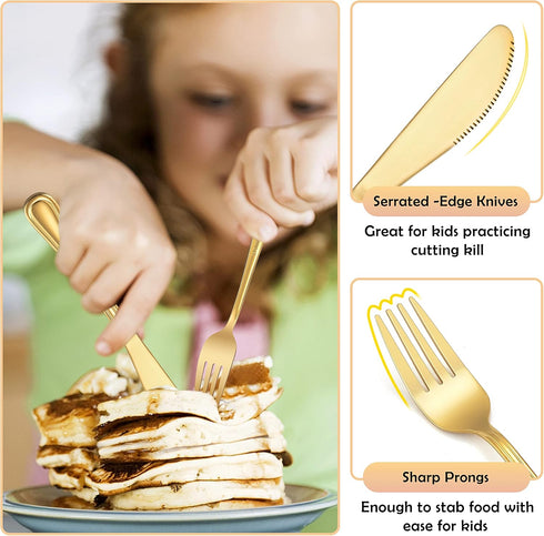 12-Piece Gold Kids Silverware, E-far Stainless Steel Toddler Kids Utensils Safe for Preschooler/Children, Includes 4 Forks 4 Spoons 4 Knife, Sliml...