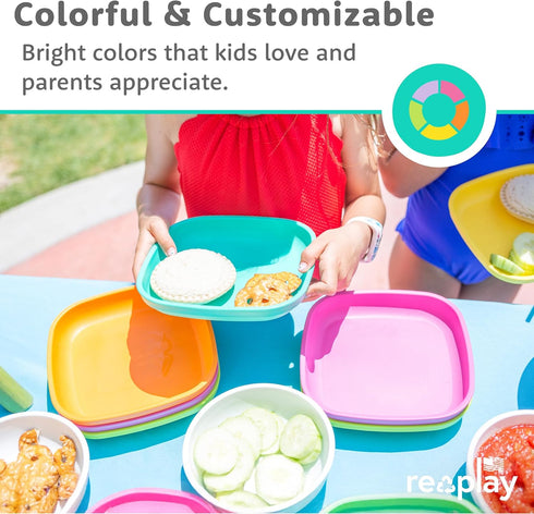 Re-Play Toddler Plates - 22 Oz. Deep-Walled Flat Kids Plates - Dishwasher & Microwave Safe - Made in USA - Set of 3-7.37" x 7.37" x 1.25" - A Prin...