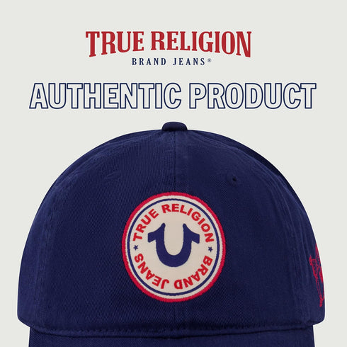 True Religion Kids Baseball Hat, 5 Panel Cotton Twill Adjustable Ball Cap with Round Woven Patch Logo, Navy, One Size...