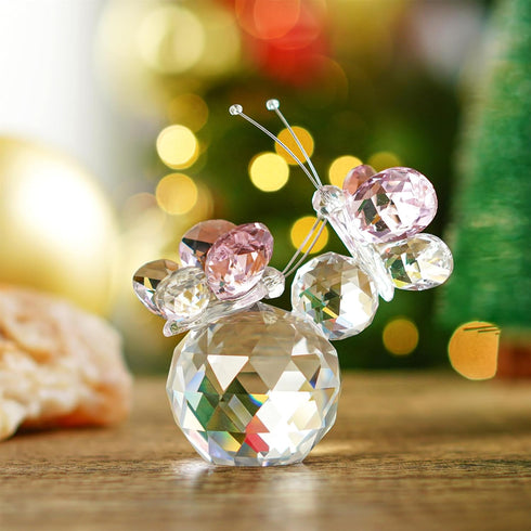H&D HYALINE & DORA Pink Crystal Cut Double Butterfly Collectible Gift, Handmade Art Glass Animal Figurine, Gift Boxed...