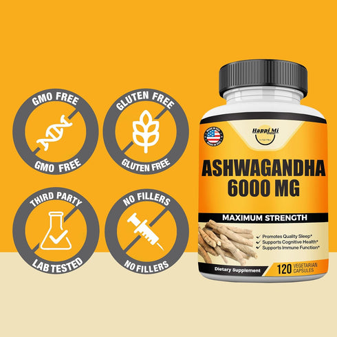 Ashwagandha Root Extract 6000mg per Serving, with Black Pepper for Better Absorption, Energy, Cognitive Function, Immune Support & Overall Wellnes...