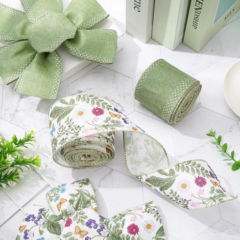 Green Wildflowers Wired Edge Ribbon Retro Wild Floral Craft Ribbon Spring Fabric Ribbon for Wreath Bow Making DIY Wrapping Party Decor Supplies, 2...