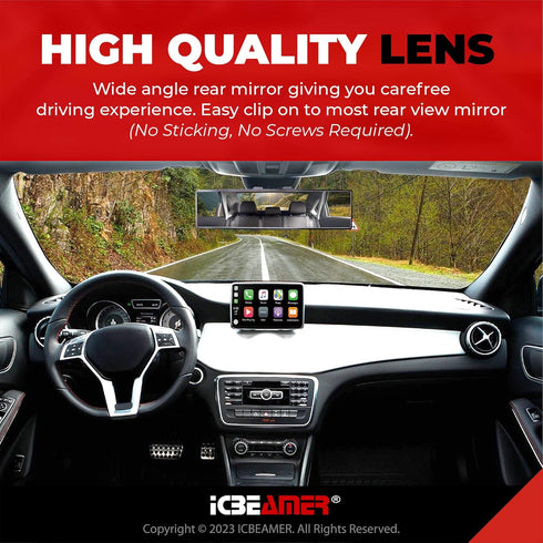 11.8" ICBEAMER Clip On Rear View Mirror | Flat Clear Tint Glass, Panoramic Wide Angle HD Glass, Anti Glare, Universal Fit for Car, SUV, Truck | El...