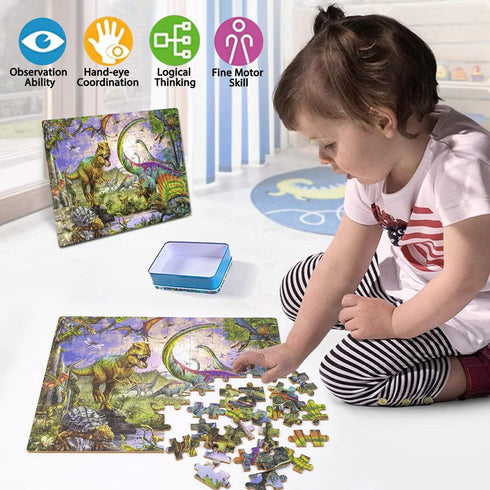 LELEMON Puzzles for Kids Ages 4-8,Dinosaur 100 Piece Puzzles for Kids,Educational Kids Puzzles Jigsaw Puzzles in a Metal Box,Children 100 Piece Pu...