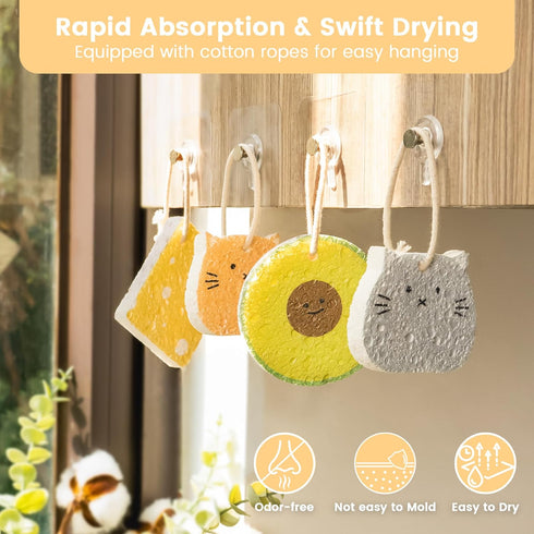 Cellulose Compressed Eco-Sponge 5 Pack- Avocado Sandwich Set |Standard Size| Plastic-Free & Made of All-Natural Wood Pulp | Showering, Dishwashing...