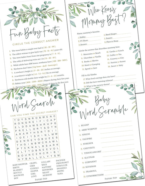 Baby Shower Games for Boy or Girl - Set of 4 Games for 30 Guests - Double Sided Cards - Floral Greenery Eucalyptus Flowers...