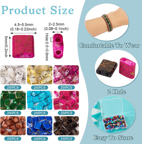 Craftdady 180Pcs Glass Seed Beads 2 Hole Tila Beads 9 Colors Crystal Glass Tile Beads Square Waist Beads Kit for Crafts DIY Multi-Strand Bracelets...