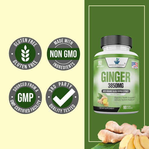 American Standard Supplements Organic Ginger 3850mg Per Serving with Organic Black Pepper Extract, Vegan, Gluten Free, Non-GMO, 90 Capsules, 90 Se...