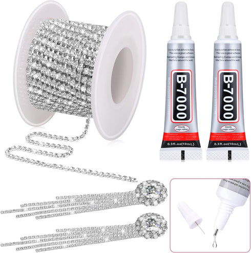 B7000 Clear Glue Crystal Rhinestone Close Chain Trim, 8 Yards 2MM Silver Rhinestone Chain Clear Beads for Sewing Clothes Cups DIY Craft Jewelry We...