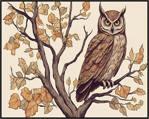 Posterizer 1 pcs- Brown owl sitting on a tree in Autumn-Art for Animal Lovers-Floral Botanical Art- Gift for Men Women Entrepreneur Teens-Decor fo...