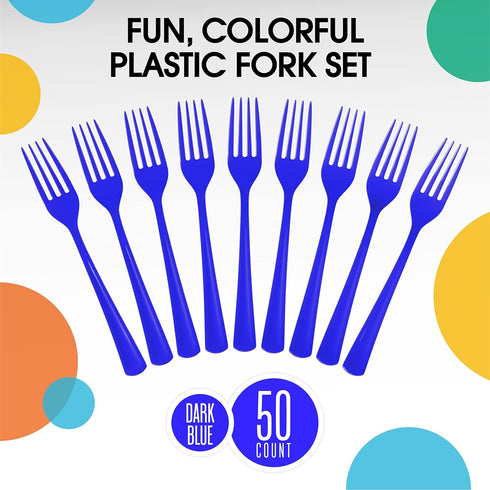Disposable Dark Blue Plastic Forks 50 Pcs - Heavy Duty Dark Blue Plastic Disposable Cutlery - Dark Blue Disposable Flatware, Dark Blue Plastic Sil...