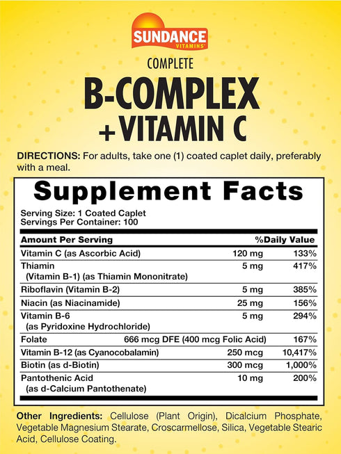 Sundance Complete B-Complex with Vitamin C | 100 Caplets | Essential Vitamin Formula | Vegetarian, Non-GMO, and Gluten Free Formula...