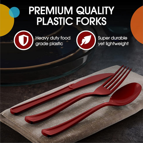 Disposable Burgundy Plastic Forks 50 Pcs - Heavy Duty Burgundy Plastic Disposable Cutlery - Burgundy Disposable Flatware, Burgundy Plastic Silverw...