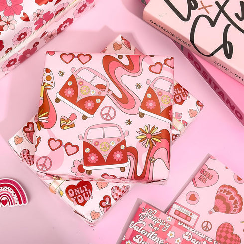 JarThenaAMCS 12 Sheets Valentine's Day Wrapping Paper Groovy Hippie Gift Wrap Paper Bulk Folded Flat Red Pink DIY Craft Art Paper for Birthday Wed...