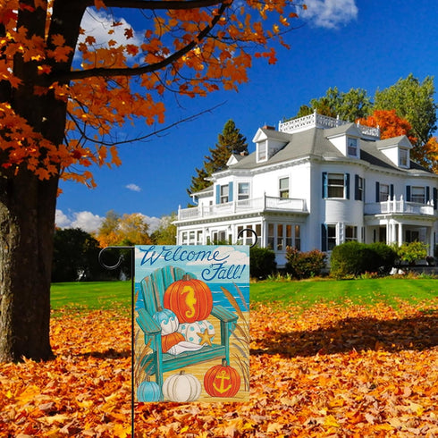 Welcome Fall Garden Flag Home Decorative Blue White Pumpkin House Yard Outside Beach Small Flag Autumn Nautical Seahorse Coastal Decoration Ocean ...