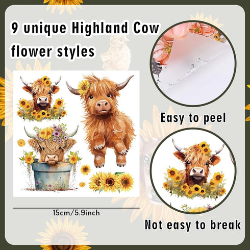 9 Sheets Highland Cow Rub on Transfers Sunflower Cow Pattern Transfer Stickers Cute Animal Floral Furniture Decals for Home Office Paper Wood DIY ...