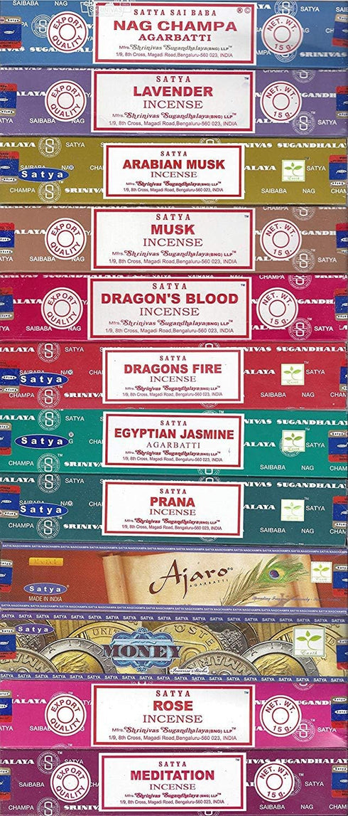 Set of 12 Nag Champa, Lavender, Arabian Musk, Egytian Jasmine, Musk, Dragon's Fire, Dragon's Blood, Prana, Ajaro, Money, Rose, Meditation by Satya...