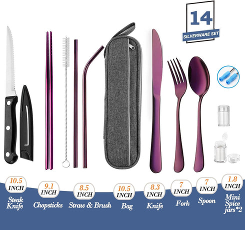 Portable Reusable Travel Utensils Silverware with Case,Travel Camping Cutlery set,Chopsticks and Straw, Flatware Cutlery Set with Case, Stainless ...