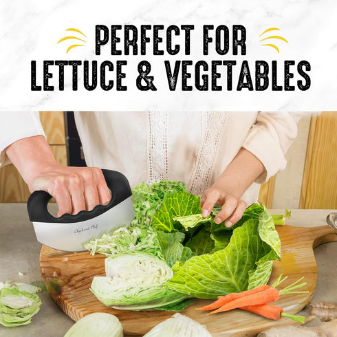 Checkered Chef Salad Chopper Tool with Cover, Mezzaluna Knife Stainless Steel Vegetable Rocker, Mincer, Cutter...