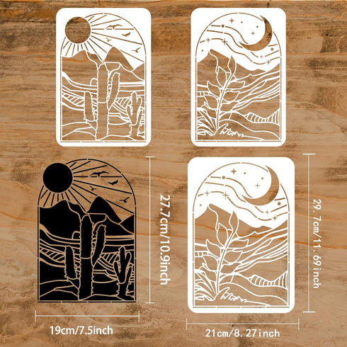 FINGERINSPIRE 2 Pcs Sun and Moon Painting Stencils 11.7x8.3 inch Boho Sunrise Themes Plastic Templates Cactus Leaves Stars Pattern Stencils Reusab...
