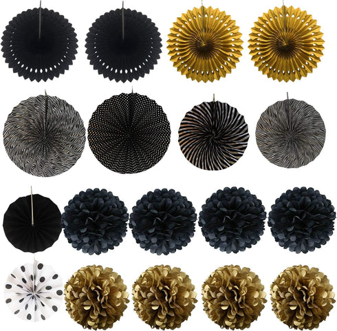ZERODECO Party Decoration, 21 Pcs Black and Gold Hanging Paper Fans, Pom Poms Flowers, Garlands String Polka Dot and Triangle Bunting Flags for Bi...