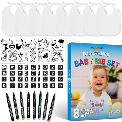 Baby Bibs Set - 2 Ply Knit Terry Solid White Feeder Bibs - Kit Includes, 8 Bibs, 8 Fabric Markers, 8 Stencils, Baby Gifts - Registry For Baby - Ge...