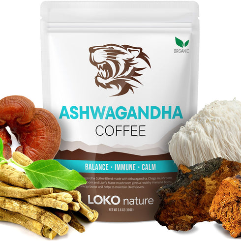 LOKO nature Tiger Ashwagandha Mushroom Instant Coffee with Arabica | Powerful Natural Ingredients Reishi, Chaga & Lion's mane | Adaptogen, Vegan, ...