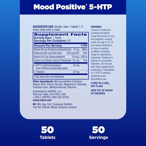 Natrol Mood Positive 5-HTP 50mg With L-Theanine, Vitamin B6, Vitamin B12 and Folate, Dietary Supplement Helps Support a Positive Mood, 50 Tablets,...