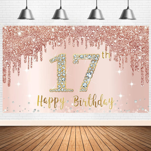 Happy 17th Birthday Banner Backdrop Decorations for Girls, Rose Gold 17 Birthday Party Sign Supplies, Pink Seventeen Birthday Poster Background Ph...