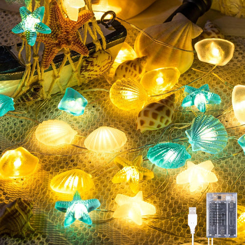 1 Pcs Ocean Beach Themed Sea Life Cute Fairy Decorative String Lights 10 FT 30 LEDs, 8 Light Modes Battery Operated, Starfish and Seashell Design ...