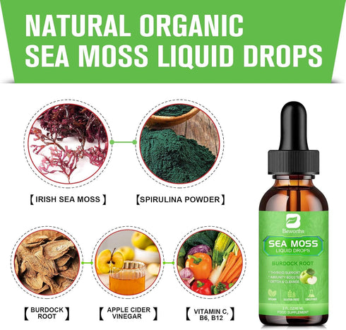 Sea Moss Liquid Drops - Organic Irish Sea Moss Gel with Burdock Root, Vitamin C, B12, 3000mg Seamoss Gel Supplement for Immune, Joint, Detox Clean...