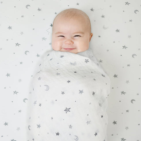 TL Care Printed 100% Natural Cotton Jersey Knit 18 x 36 Cradle/Bassinet Sheet - Fitted, Gray Stars and Moons, Soft Breathable, for Boys and Girls...
