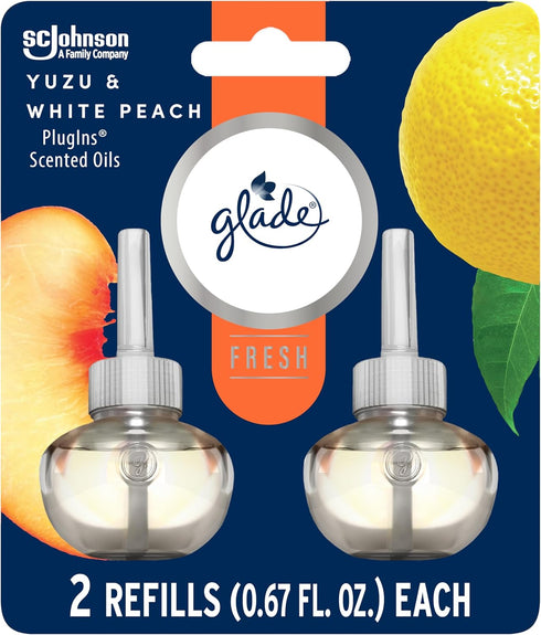 Glade PlugIns Refills Air Freshener, Scented and Essential Oils for Home and Bathroom, Yuzu & White Peach, Fresh Collection 1.34 Fl Oz, 2 Count...