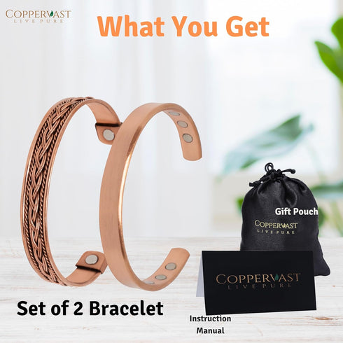 Copper Bracelets- for Men and Women| Set of 2 with Gift Box| Gift for Women & Men| Handmade 100% Copper (Plain and Inlay)...