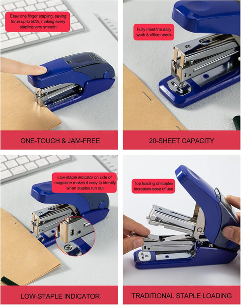 Effortless Standard Stapler Set, 20 Sheet Capacity, Half Strip, Built-in Staples Storage, Holds 1/4" Staples, Includes 1000 Staples and A Staple R...