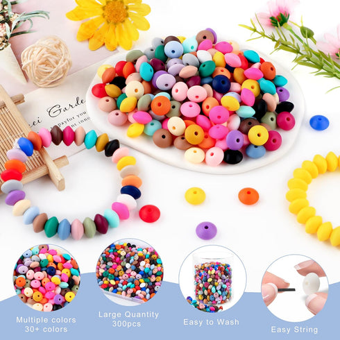 300Pcs 12mm Silicone Lentil Beads, Silicone Spacer Beads for Necklace Bracelet Keychain Pens Craft(White)...