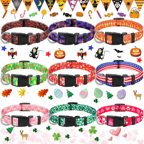 Buryeah 9 Pcs Holiday Dog Collars for Dogs Fall Autumn Dog Collars Adjustable Halloween Dog Collars with Plastic Buckle Thanksgiving Christmas Dog...