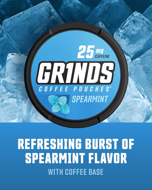 Grinds Coffee Pouches | Tobacco Free, Nicotine Free Healthy Alternative | 3 Cans of Spearmint | 18 Pouches Per Can | 1 Pouch eq. 1/4 Cup of Coffee...