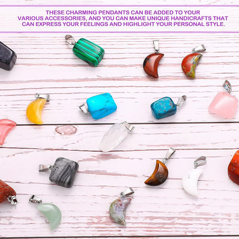 Jadive 50 Pieces Crystal Stone Pendants Gemstone Charms Irregular Healing Chakra Beads Moon Shape Pendants Natural Gemstone Beads Quartz Charms fo...