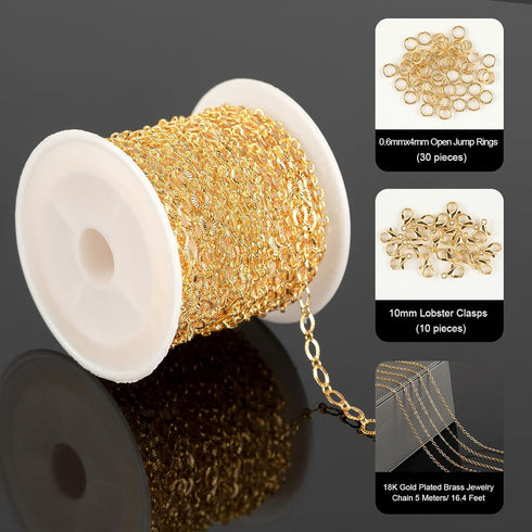 5 Meters 18K Gold Plated Chain for Jewelry Making, Shiny Light Gold Embossed Oval Cable Link Chain Spool Women Necklace Bracelet DIY Jewelry Findi...
