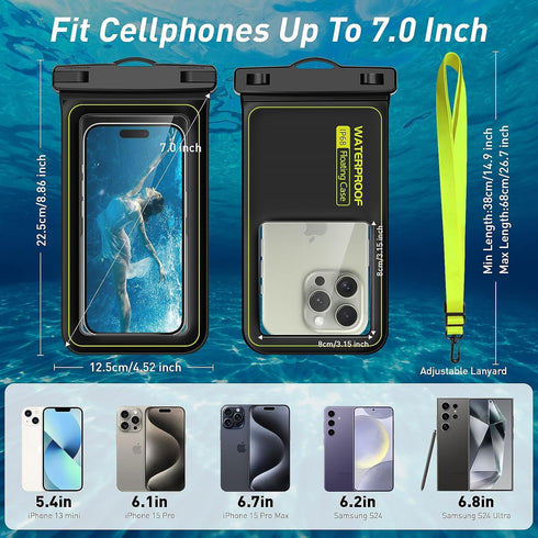 Floating Waterproof Pouch, with Adjustable Neck Lanyard, Marine IP68 Cellphone Dry Bag Compatible with 15 Pro Max/ 14 Pro Max/ 13 Pro Max/ 12/ S24...